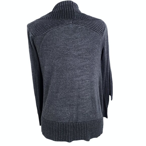 Women's Charcoal Gray Ribbed Open Front Lapel Collar  Drape Cardigan Sweater - Picture 5 of 5